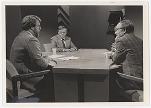 Three Mile Island Debate on Channel 33. Reps. and the interviewer are seated around a studio table