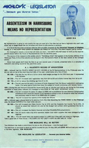 Campaign flyer, "Absenteeism in Harrisburg means no representation."