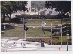 Photograph including flags and overlook of the Soldier's Grove 