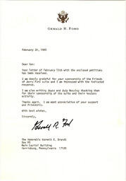 Letter from Gerald R. Ford, to Rep. Kenneth E. Brandt. Ford decided not to run for the presidency again.