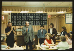 Rep. Edward Burns at a Bingo hall meeting.